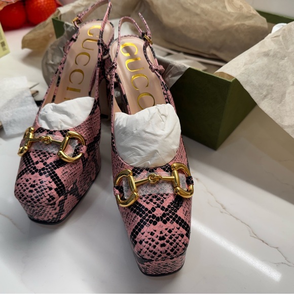 Gucci Pink Snakeskin Print Slingback Heels - Picture 1 of 12